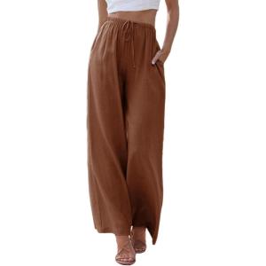 Tanming Wide Leg Linen Pants for Women Summer Flowy High Waisted Beach Palazzo Trousers(Rust)