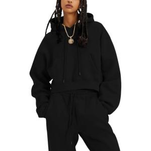 Tanming Women 2 Piece Outfits Sweatsuits Crop Pullover Fleece Sweatshirt Jogger Pants Lounge Set(Black)