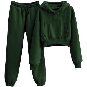 Tanming Women 2 Piece Outfits Sweatsuits Crop Pullover Fleece Sweatshirt Jogger Pants Lounge Set(Dark Green)