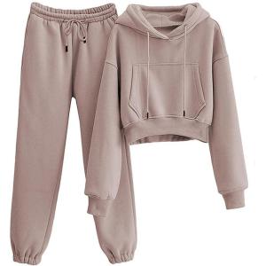 Tanming Women 2 Piece Outfits Sweatsuits Crop Pullover Fleece Sweatshirt Jogger Pants Lounge Set(Dusty Pink)