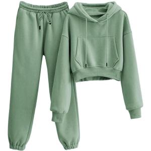 Tanming Women 2 Piece Outfits Sweatsuits Crop Pullover Fleece Sweatshirt Jogger Pants Lounge Set(Green)