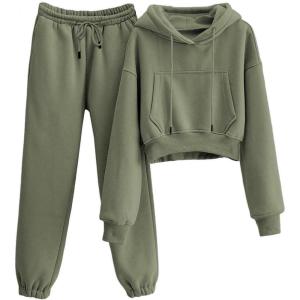 Tanming Women 2 Piece Outfits Sweatsuits Crop Pullover Fleece Sweatshirt Jogger Pants Lounge Set(Moss Green)
