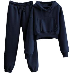 Tanming Women 2 Piece Outfits Sweatsuits Crop Pullover Fleece Sweatshirt Jogger Pants Lounge Set(Navy)
