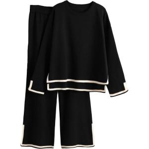 Tanming Women’s 2 Piece Outfits Long Sleeve Knit Sweater Top Wide Leg Pants Lounge Sets Tracksuits