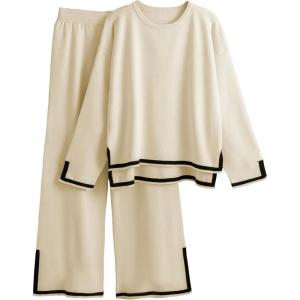 Tanming Women’s 2 Piece Outfits Long Sleeve Knit Sweater Top Wide Leg Pants Lounge Sets Tracksuits(Apricot)