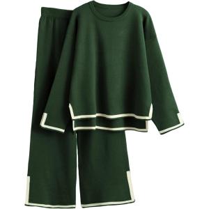 Tanming Women’s 2 Piece Outfits Long Sleeve Knit Sweater Top Wide Leg Pants Lounge Sets Tracksuits(Army Green)