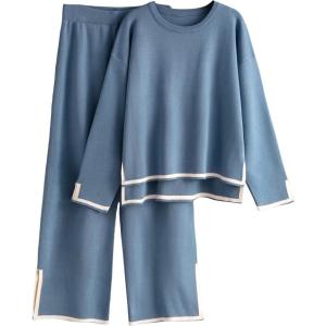 Tanming Women’s 2 Piece Outfits Long Sleeve Knit Sweater Top Wide Leg Pants Lounge Sets Tracksuits(Blue)