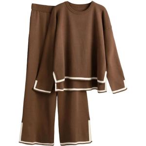 Tanming Women’s 2 Piece Outfits Long Sleeve Knit Sweater Top Wide Leg Pants Lounge Sets Tracksuits(Brown)