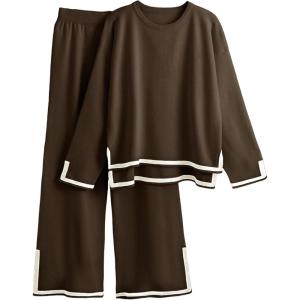 Tanming Women’s 2 Piece Outfits Long Sleeve Knit Sweater Top Wide Leg Pants Lounge Sets Tracksuits(Coffee)