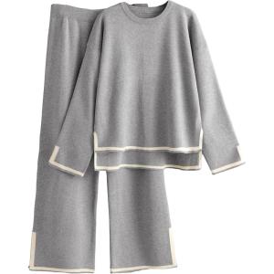 Tanming Women’s 2 Piece Outfits Long Sleeve Knit Sweater Top Wide Leg Pants Lounge Sets Tracksuits(Grey)