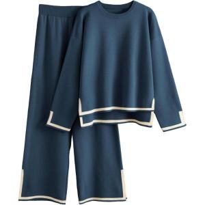 Tanming Women’s 2 Piece Outfits Long Sleeve Knit Sweater Top Wide Leg Pants Lounge Sets Tracksuits(Navy)