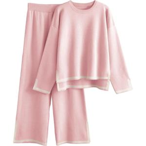 Tanming Women’s 2 Piece Outfits Long Sleeve Knit Sweater Top Wide Leg Pants Lounge Sets Tracksuits(Pink)