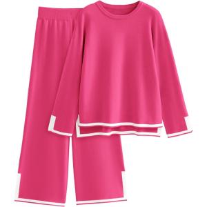 Tanming Women’s 2 Piece Outfits Long Sleeve Knit Sweater Top Wide Leg Pants Lounge Sets Tracksuits(Rose Red)