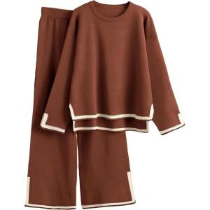 Tanming Women’s 2 Piece Outfits Long Sleeve Knit Sweater Top Wide Leg Pants Lounge Sets Tracksuits(Rust)