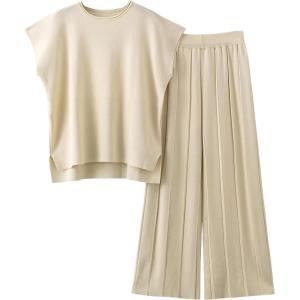 Tanming Women’s 2 Piece Outfits Sweater Set Knit Pullover Tops High Waisted Pants Sweatsuits Lounge Set(Beige)