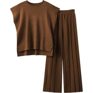 Tanming Women’s 2 Piece Outfits Sweater Set Knit Pullover Tops High Waisted Pants Sweatsuits Lounge Set(Coffee)