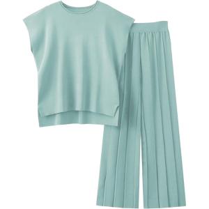 Tanming Women’s 2 Piece Outfits Sweater Set Knit Pullover Tops High Waisted Pants Sweatsuits Lounge Set(Grey Green)