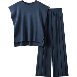 Tanming Women’s 2 Piece Outfits Sweater Set Knit Pullover Tops High Waisted Pants Sweatsuits Lounge Set(Navy)