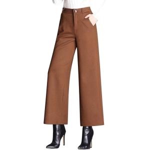 Tanming Women’s Casual High Waist Trousers Wool Blend Cropped Wide Leg Pants(Brown)