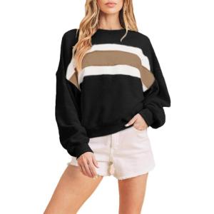 Tanming Womens Casual Sweatshirt Crewneck Patchwork Pullover Tops Long Sleeve Color Block Shirts(Black)
