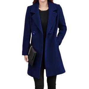 Tanming Womens Elegant Notched Collar Button Wool Blend Solid Long Pea Coat Overcoat(Navy)