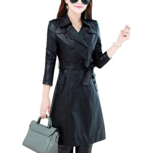 Tanming Womens Fashion Lapel Double Breasted Lambskin Leather Mid Long Jacket Coat(Black)