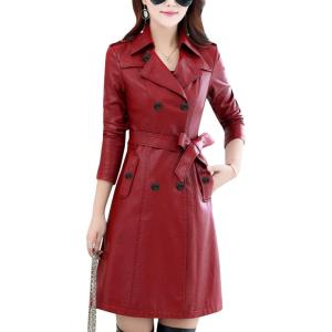 Tanming Womens Fashion Lapel Double Breasted Lambskin Leather Mid Long Jacket Coat(Wine Red)
