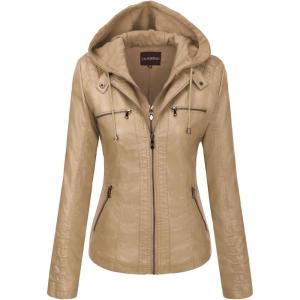 Tanming Womens Faux Leather Jacket Hooded Moto Biker Coat Outerwear Fall Fashion Outfits Winter Clothes(Apricot)