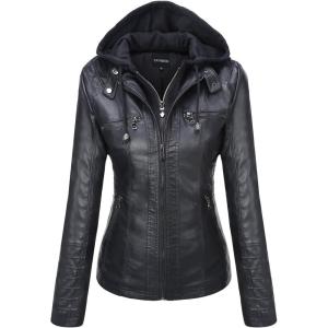Tanming Womens Faux Leather Jacket Hooded Moto Biker Coat Outerwear Fall Fashion Outfits Winter Clothes(Black)