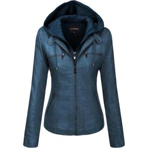 Tanming Womens Faux Leather Jacket Hooded Moto Biker Coat Outerwear Fall Fashion Outfits Winter Clothes(Blue)