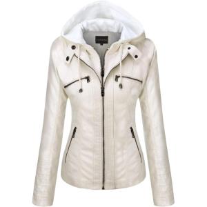 Tanming Womens Faux Leather Jacket Hooded Moto Biker Coat Outerwear Fall Fashion Outfits Winter Clothes(Cream White)