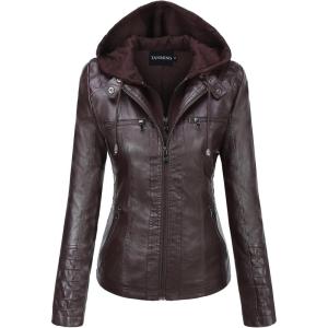 Tanming Womens Faux Leather Jacket Hooded Moto Biker Coat Outerwear Fall Fashion Outfits Winter Clothes(Dark Coffee)