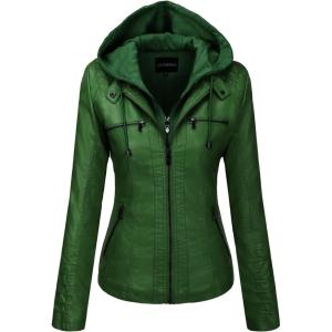 Tanming Womens Faux Leather Jacket Hooded Moto Biker Coat Outerwear Fall Fashion Outfits Winter Clothes(Green)