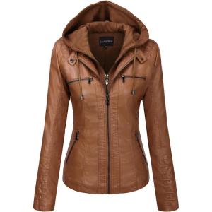 Tanming Womens Faux Leather Jacket Hooded Moto Biker Coat Outerwear Fall Fashion Outfits Winter Clothes(Lightbrown)