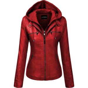 Tanming Womens Faux Leather Jacket Hooded Moto Biker Coat Outerwear Fall Fashion Outfits Winter Clothes(Wine Red)