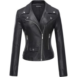 Tanming Women’s Faux Leather Moto Biker Short Coat Jacket(A Black)