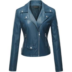 Tanming Women’s Faux Leather Moto Biker Short Coat Jacket(A Blue)