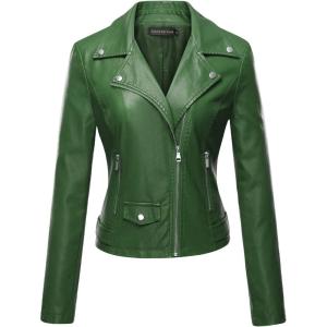 Tanming Women’s Faux Leather Moto Biker Short Coat Jacket(A Green)