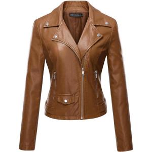Tanming Women’s Faux Leather Moto Biker Short Coat Jacket(A Light Brown)