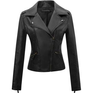 Tanming Women’s Faux Leather Moto Biker Short Coat Jacket(B Black10)