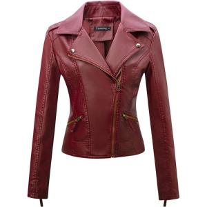 Tanming Women’s Faux Leather Moto Biker Short Coat Jacket(B Wine Red10)