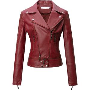 Tanming Women’s Faux Leather Moto Biker Short Coat Jacket(C Wine Red14)