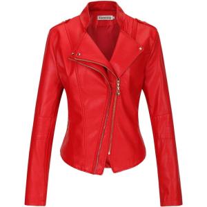 Tanming Women’s Faux Leather Moto Biker Short Coat Jacket(D Red16)