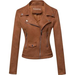 Tanming Women’s Faux Leather Moto Biker Short Coat Jacket(H Suede-brown)