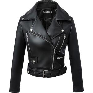 Tanming Women’s Faux Leather Moto Biker Short Coat Jacket(I Black2)