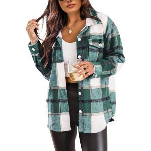 Tanming Womens Flannel Plaid Shacket Wool Blend Button Down Shirt Fall Fashion Jacket(Green)