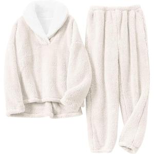 Tanming Womens Fluffy Pajamas Set Fleece Pullover Pants Plush Loungewear Sleepwear(Beige)