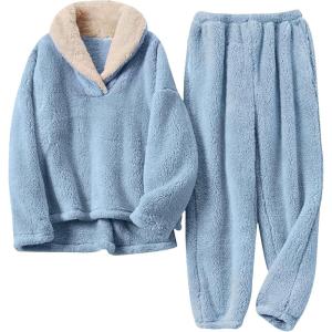 Tanming Womens Fluffy Pajamas Set Fleece Pullover Pants Plush Loungewear Sleepwear(Blue)