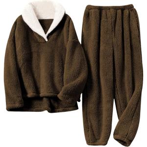 Tanming Womens Fluffy Pajamas Set Fleece Pullover Pants Plush Loungewear Sleepwear(Brown)