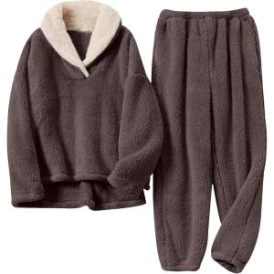 Tanming Womens Fluffy Pajamas Set Fleece Pullover Pants Plush Loungewear Sleepwear(Chocolate)